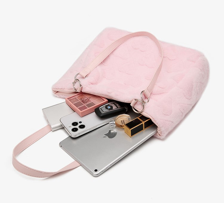 Japanese Cute Plush Love Pastel Pink & White Heart Shaped Messenger Tote Bag