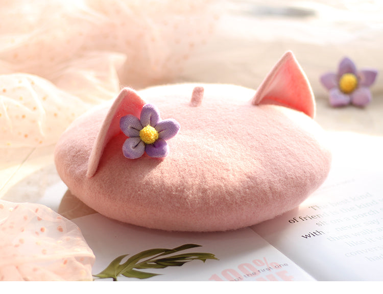 Cute Pink Cat Ears with Purple Flower Beret Hat
