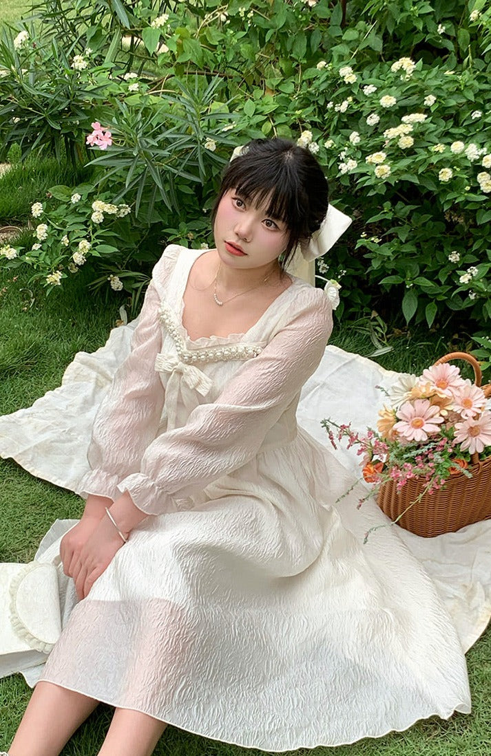 Plus Size Women Fashion Girl European Lace Bow Princess Fairytale White Long Sleeve Dress