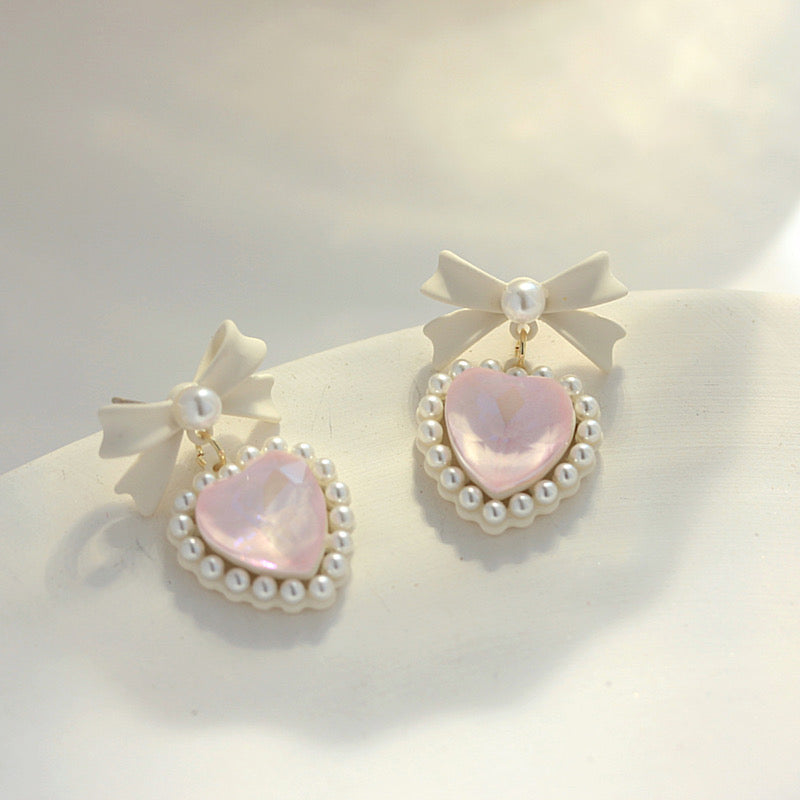 Heart Bow Pearl Coquette Girl Sweet Earrings