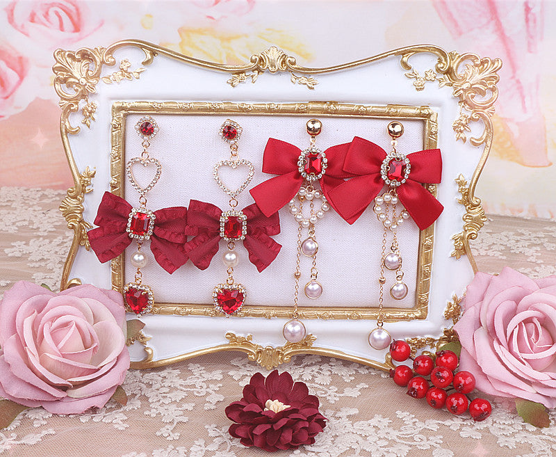 Ruby Gem Pearl Heart Love Tassel Jewelry Diamond Classic Burgundy Scarlet Red Bow Fairy Tales Princess Earrings