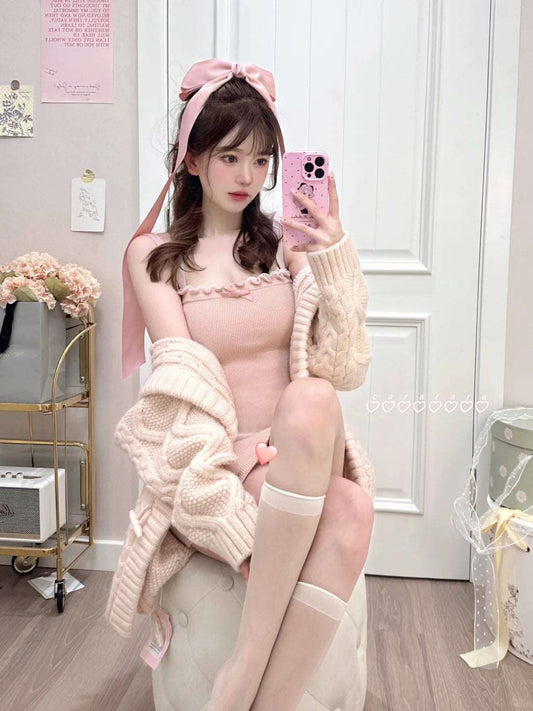 Creamy Sweet Soft Girl Pink Knit Long Cardigan & Strap Dress Two Piece Set