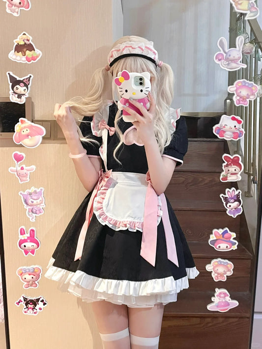 Serendipity Peach Chinese Hanfu Black Pink Cosplay Maid Dress