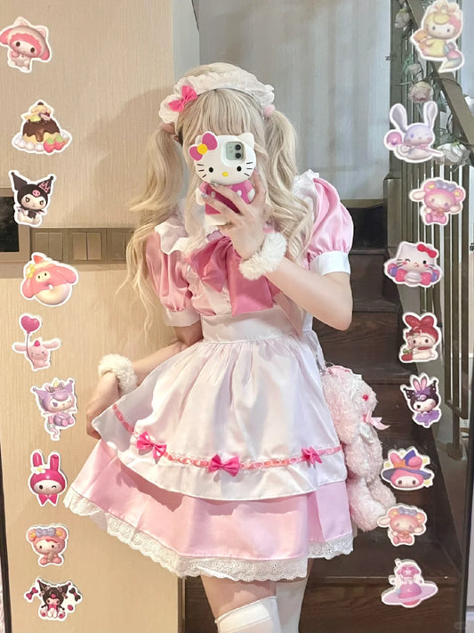 Serendipity Sweet Love Black Pink Bow Cosplay Maid Dress - Sugarplum Store