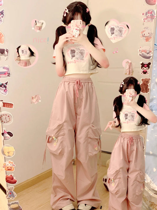 Serendipity Summer Cat Raglan T Shirt & Pink Gathered Pants Two Piece Set