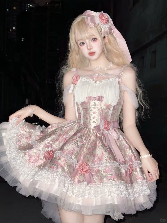 Platycodon Girls Garden Jacquard Pink & Blue Lolita Dress - Sugarplum Store