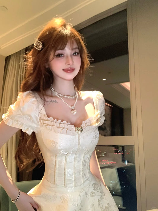 Lazy Girl White Tea Pearl Puff Sleeve Top & Skirt Two Piece Set - Sugarplum Store