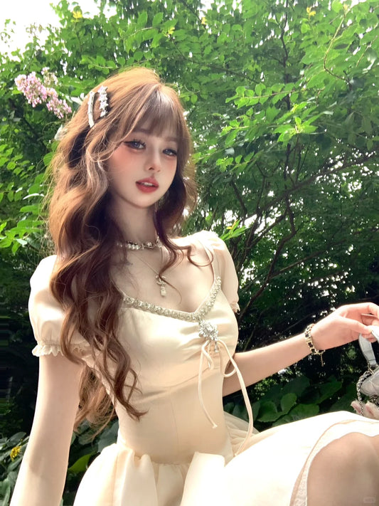 Lazy Girl Dreamy Rhinestone Cream Puff Sleeve Dress - Sugarplum Store