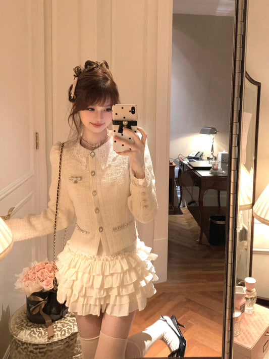 Lazy Girl Audrey Cream Tweed Jacket & Skirt Two Piece Set - Sugarplum Store