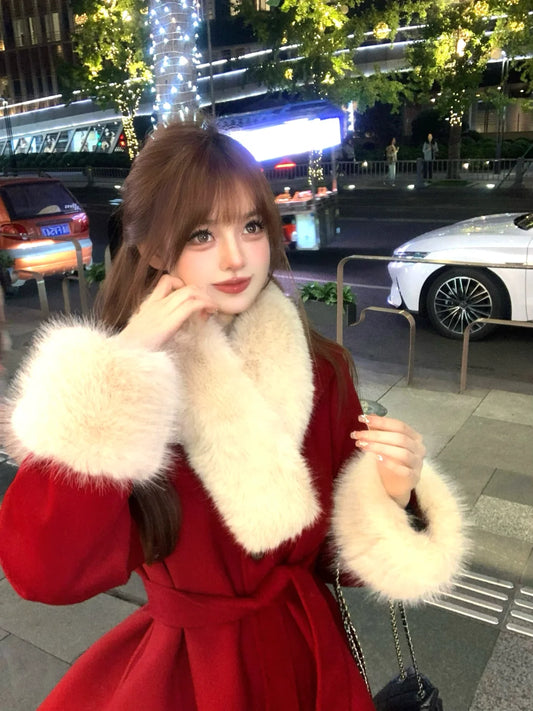 Lazy Girl Charming Lady Velvet Red Cream Fur Collar Coat & Shorts Two Piece Set - Sugarplum Store