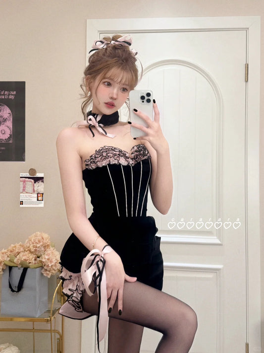 Creamy Cute Sexy Lace Black Pink Strapless Dress - Sugarplum Store