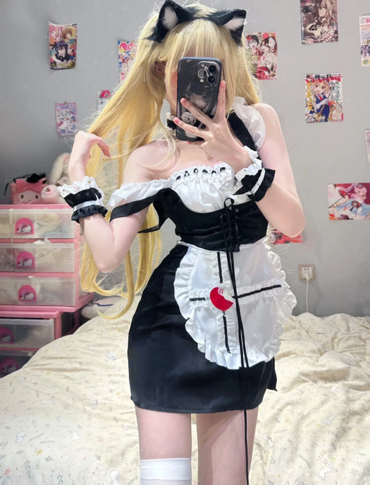 Serendipity Sexy Bleeding Heart Corset Black White Cosplay Maid Dress