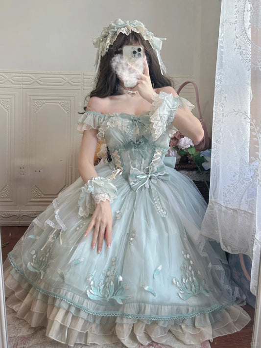 Lolita Love Is Coming Lily of the Valley Green Purple Strap Dress - Sugarplum Store