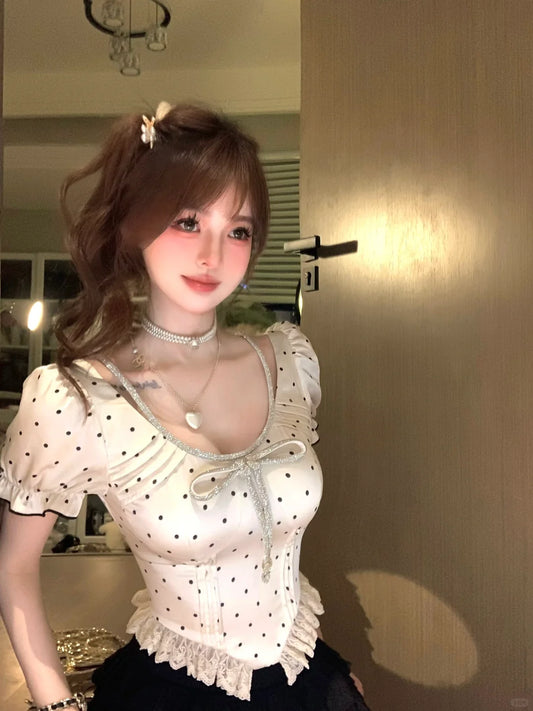 Lazy Girl Satin Polka Dot Puff Sleeve Shirt Top - Sugarplum Store