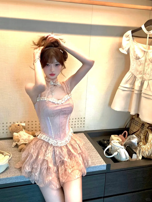 Lazy Girl Flowers Buds Pink Lace Top & Skirt Two Piece Set - Sugarplum Store