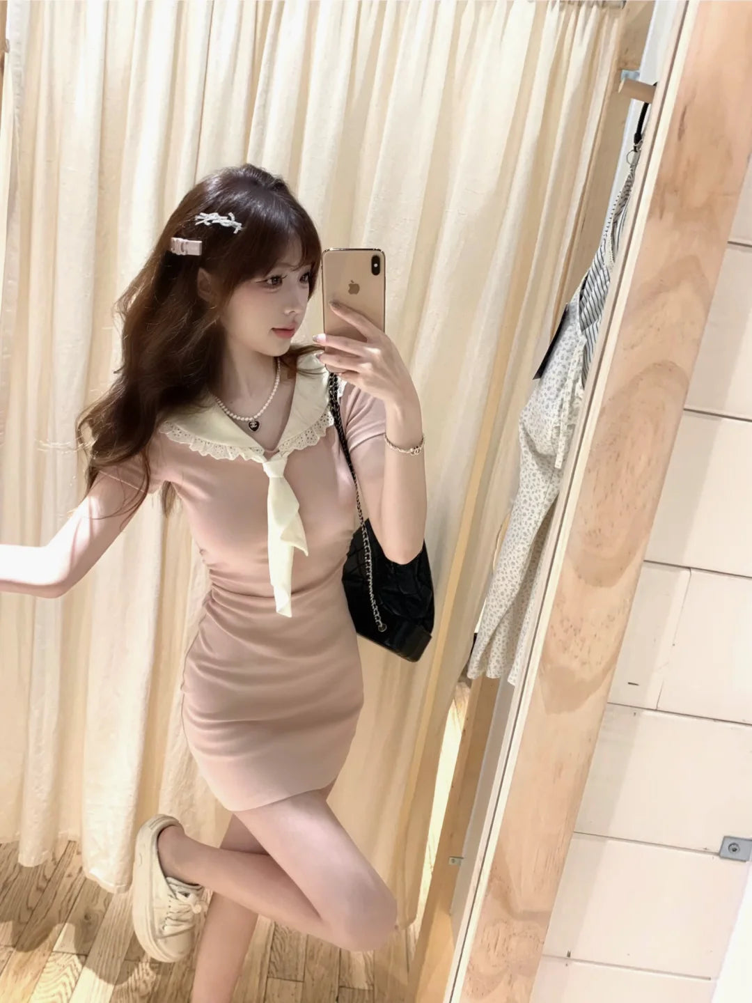 Lazy Girl Heartbeat Code Sailor Collar Pink Cream Bodycon Dress – Sugarplum Store