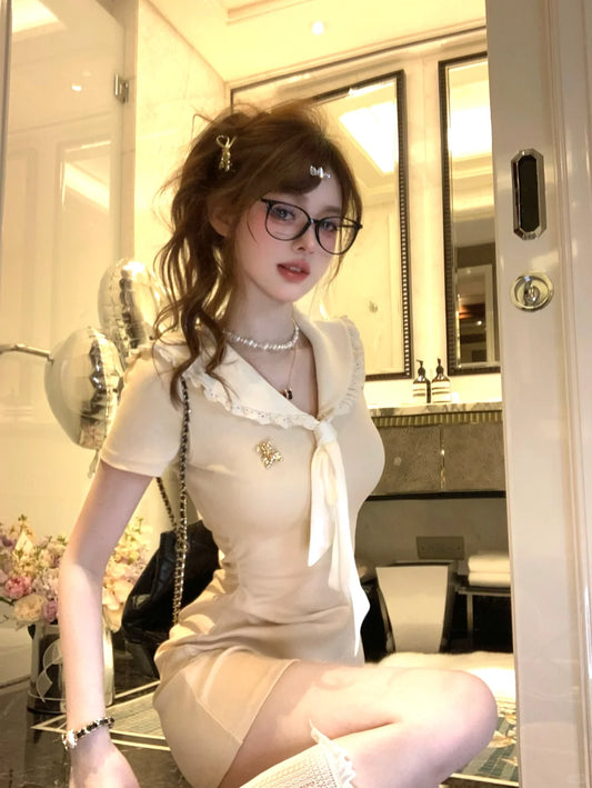 Lazy Girl Heartbeat Code Sailor Collar Pink Cream Bodycon Dress - Sugarplum Store