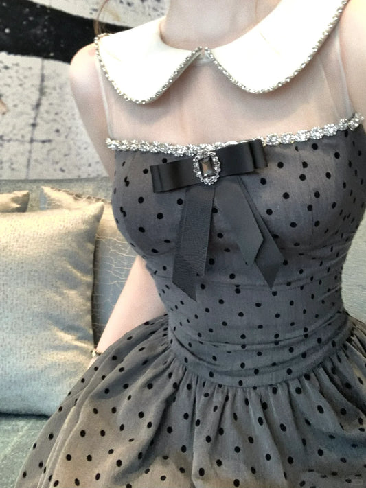 Lazy Girl Miss Miu Gray Black Polka Dot Dress - Sugarplum Store