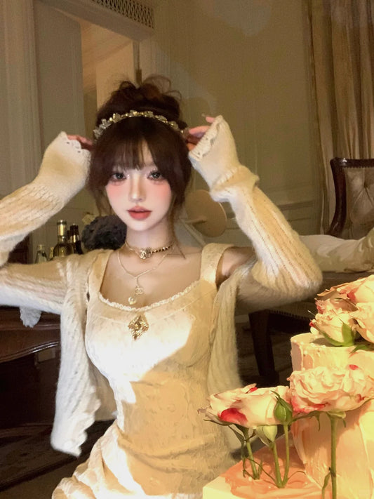 Lazy Girl No Man's Rose Cream Dress & Cardigan Two Piece Set - Sugarplum Store