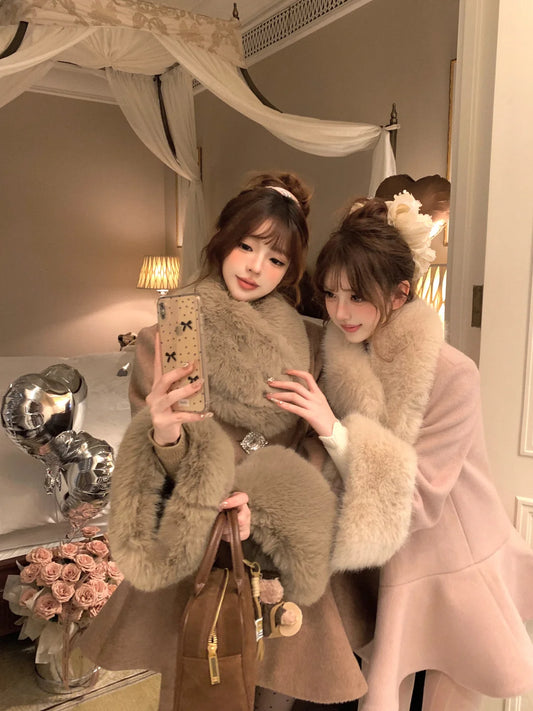Lazy Girl Thousand Gold Brown Pink Fur Collar Coat - Sugarplum Store