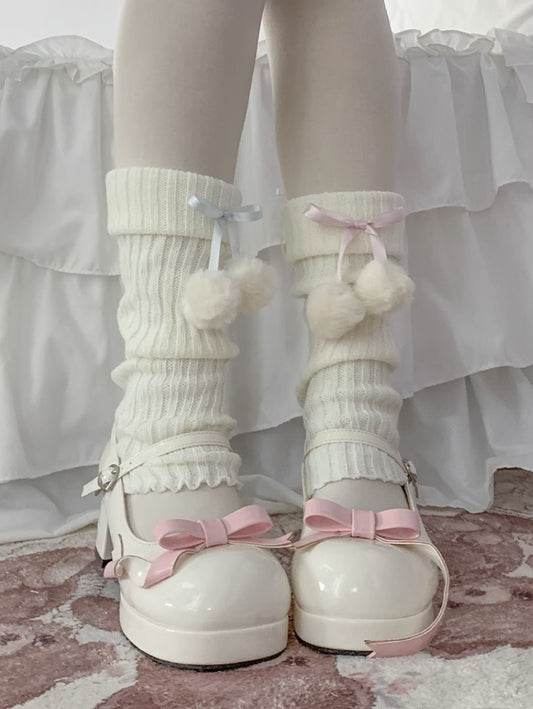 Sweet Knit Pompom Balls White Pink Blue Leg Warmers