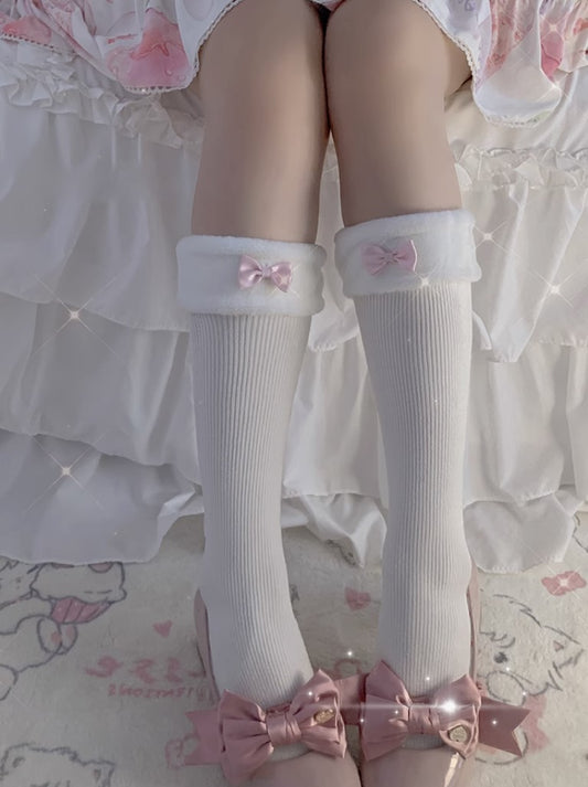 Lolita Cute Bow Fur Edge Black White Pink Mid Calf Socks