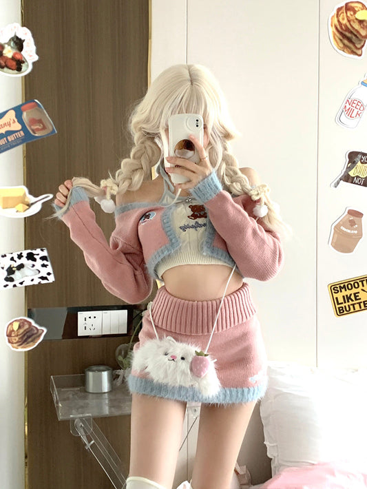 Serendipity Teddy Bear Camisole & Knit Pink Cardigan & Mini Skirt Three Piece Set