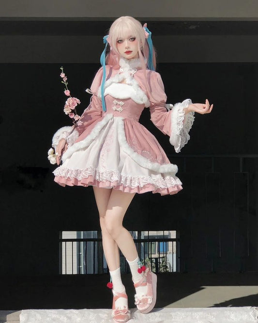 Peach Blossom Winter Pink Hanfu Lolita Chinese Jacket & Strap Dress Two Piece Set