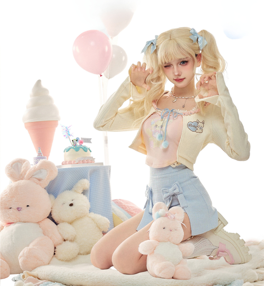 Serendipity Cream Cardigan Pink Camisole Blue Bow Mini Skirt Three Piece Set - Sugarplum Store