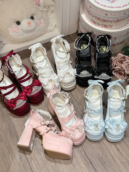 Collection of colorful high-heeled shoes with decorative bows on a wooden floor.
