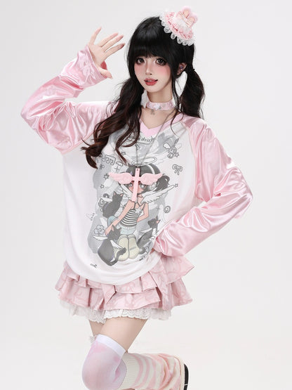 Crazy Girl Angel Anime Girl Print Black Pink Shirt Top