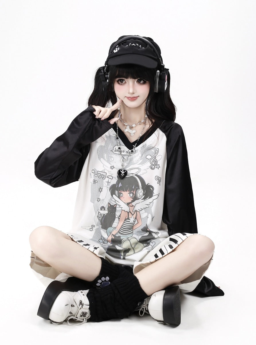 Crazy Girl Angel Anime Girl Print Black Pink Shirt Top