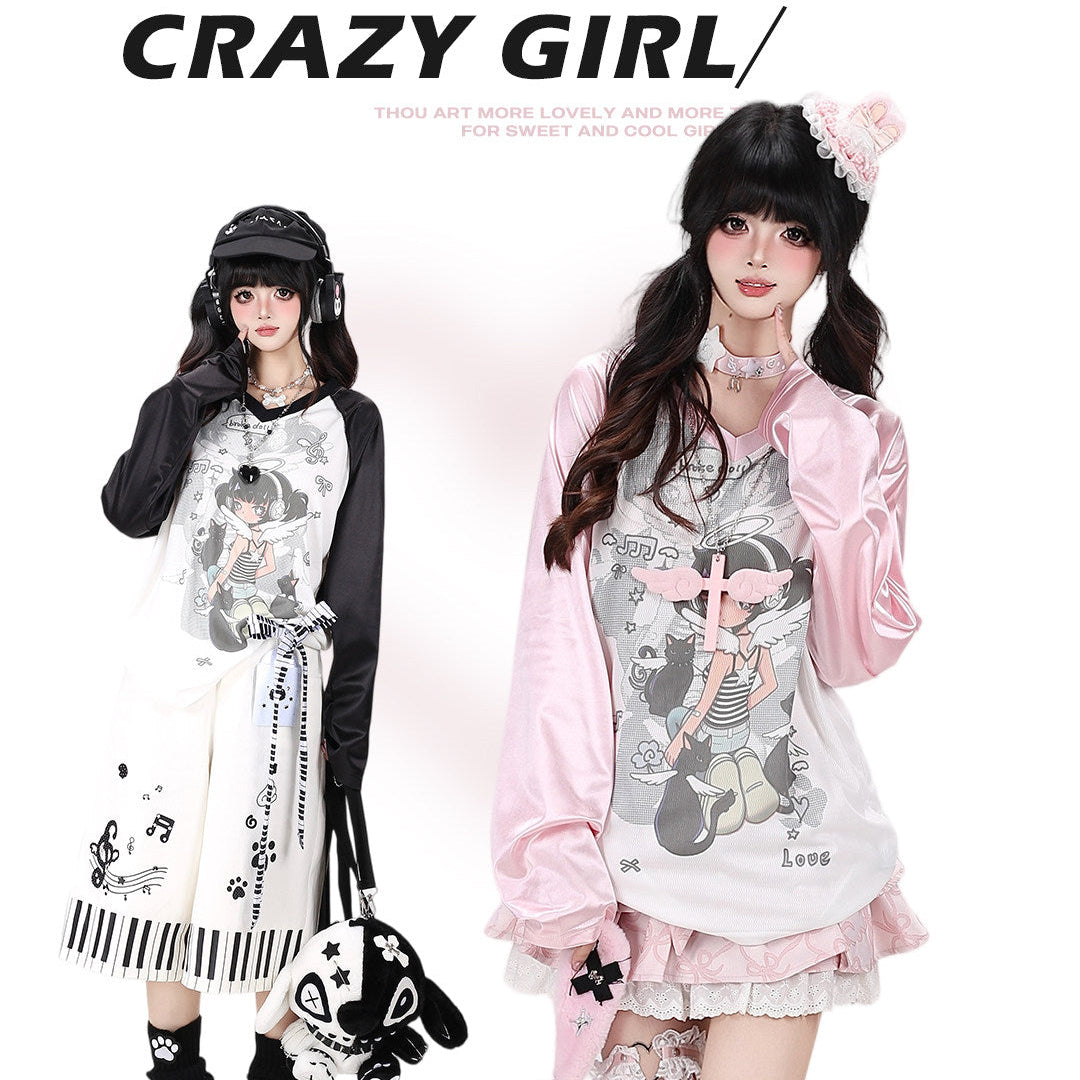 Crazy Girl Angel Anime Girl Print Black Pink Shirt Top