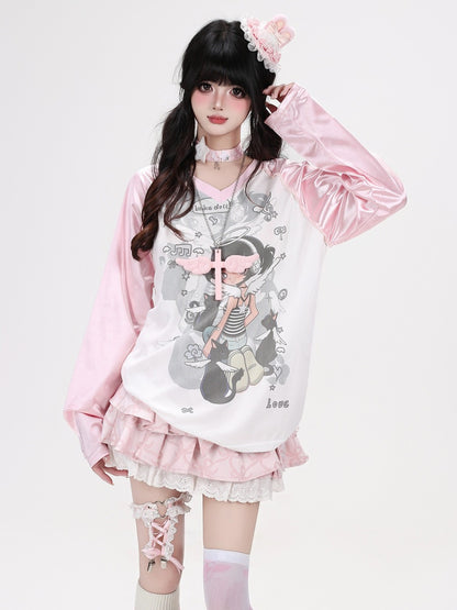 Crazy Girl Angel Anime Girl Print Black Pink Shirt Top