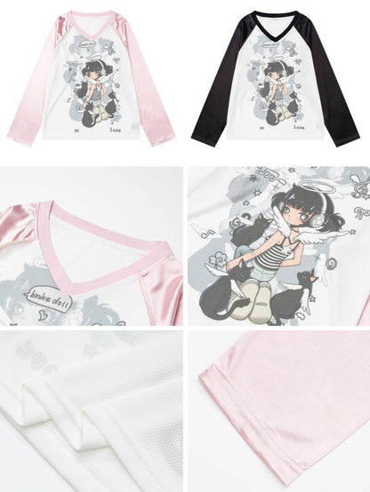 Crazy Girl Angel Anime Girl Print Black Pink Shirt Top
