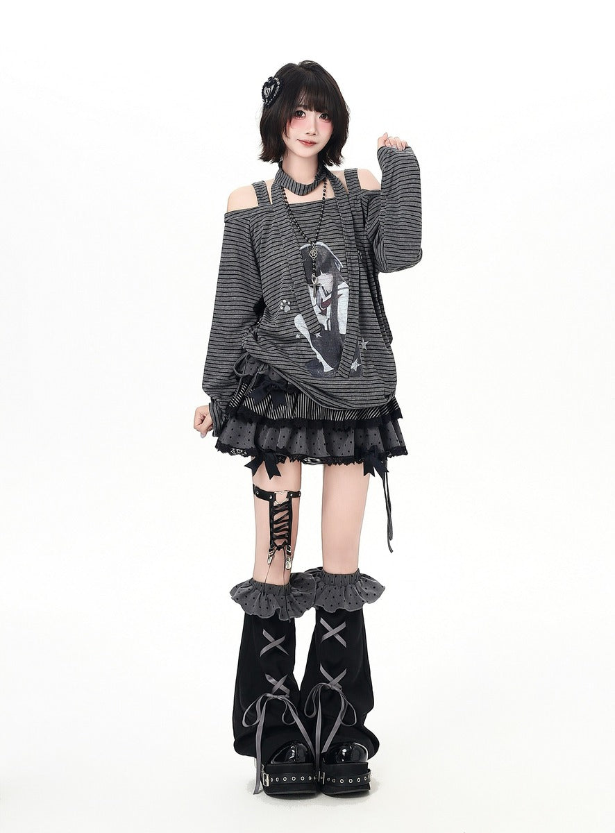 Crazy Girl Anime JK Girl Striped Black Gray Shirt Top