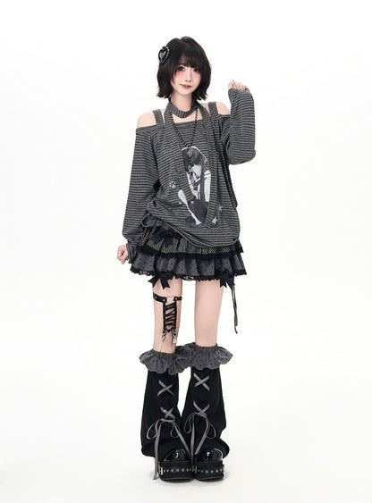 Crazy Girl Anime JK Girl Striped Black Gray Shirt Top