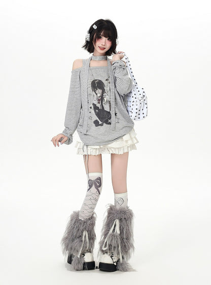 Crazy Girl Anime JK Girl Striped Black Gray Shirt Top