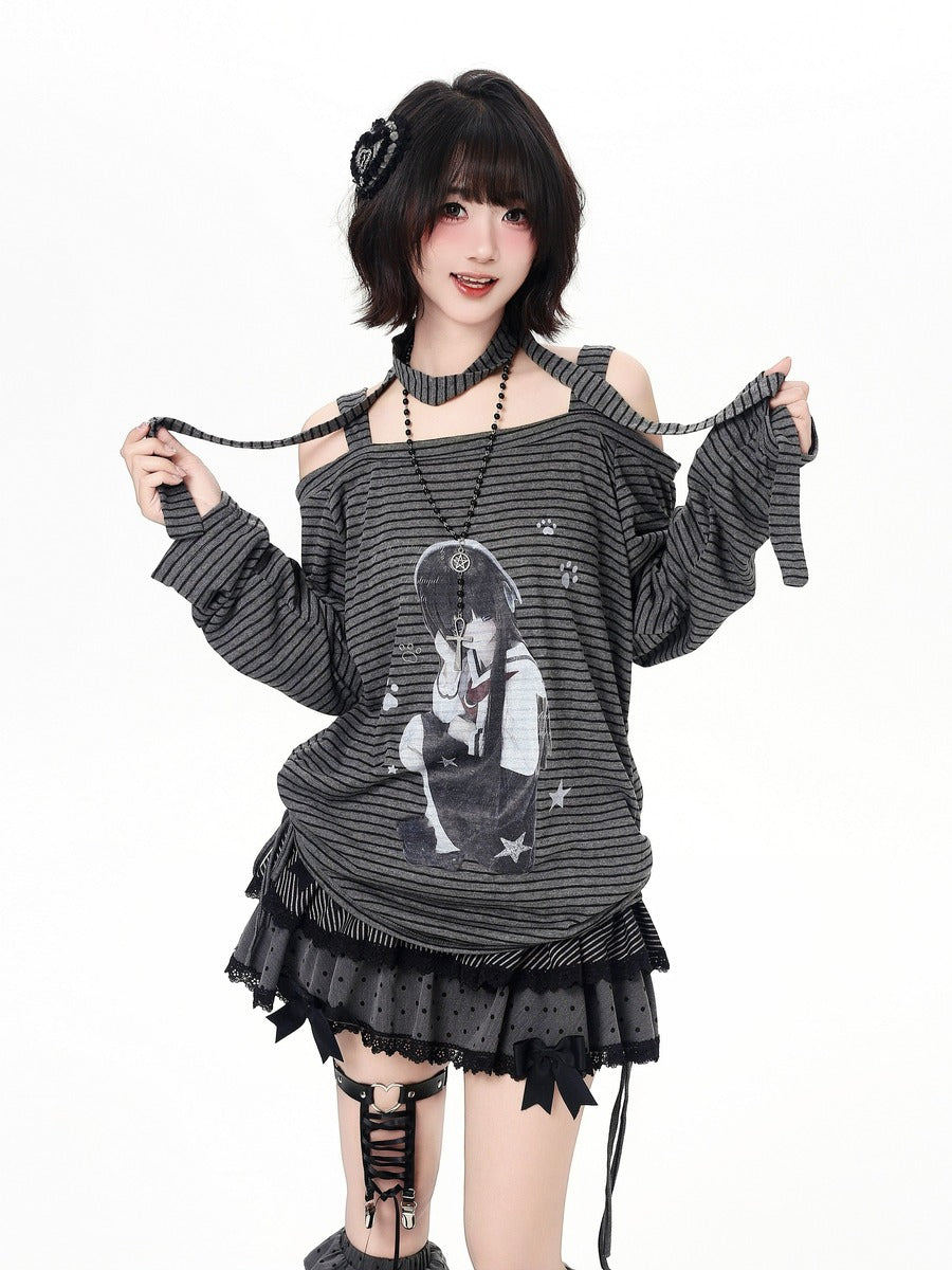 Crazy Girl Anime JK Girl Striped Black Gray Shirt Top