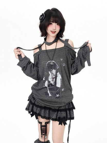 Crazy Girl Anime JK Girl Striped Black Gray Shirt Top