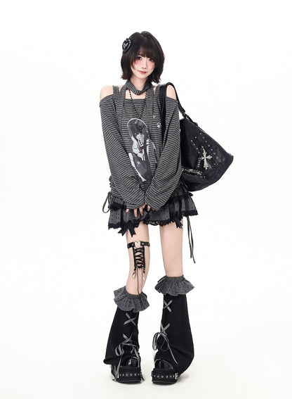 Crazy Girl Anime JK Girl Striped Black Gray Shirt Top