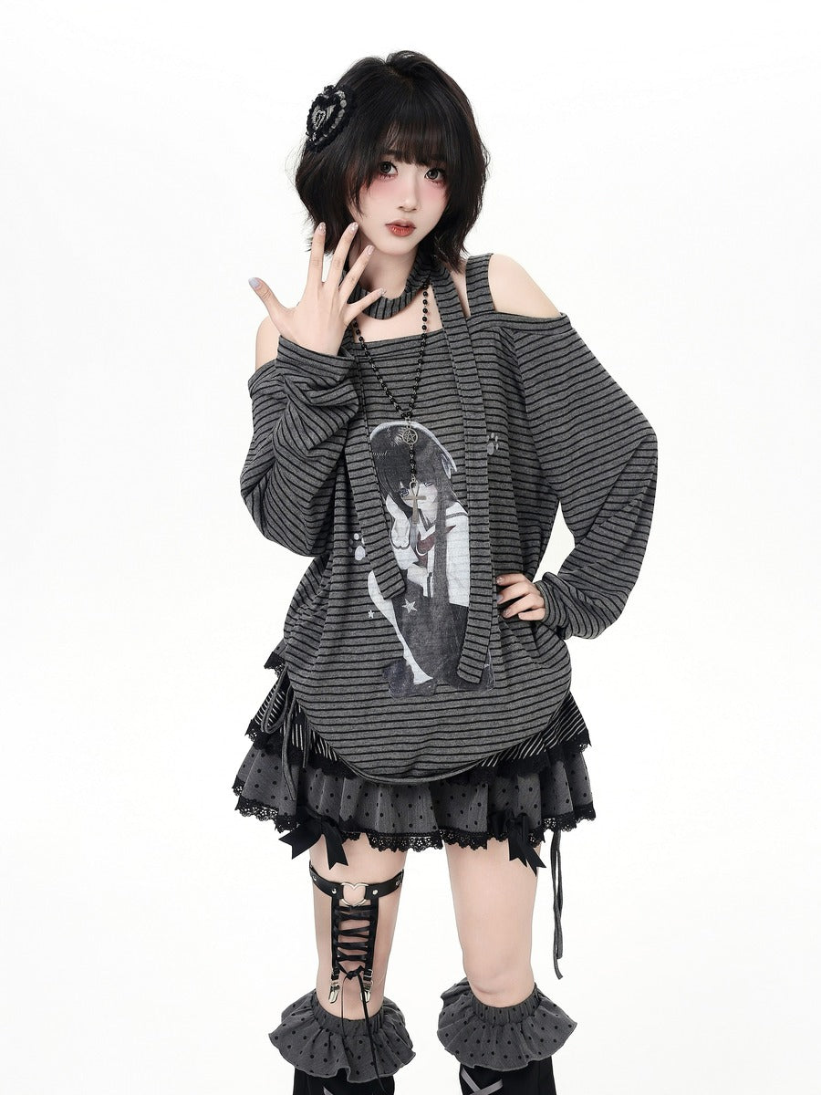 Crazy Girl Anime JK Girl Striped Black Gray Shirt Top