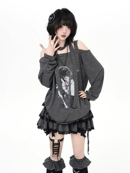 Crazy Girl Anime JK Girl Striped Black Gray Shirt Top