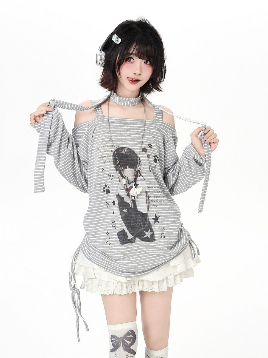 Crazy Girl Anime JK Girl Striped Black Gray Shirt Top