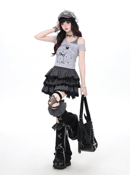 Crazy Girl April Polka Dot Black White Skirt Angel Wings Belt Two Piece Set