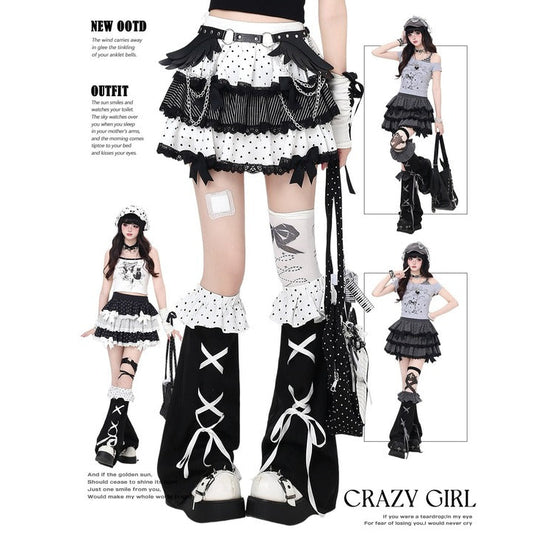 Crazy Girl April Polka Dot Black White Skirt Angel Wings Belt Two Piece Set