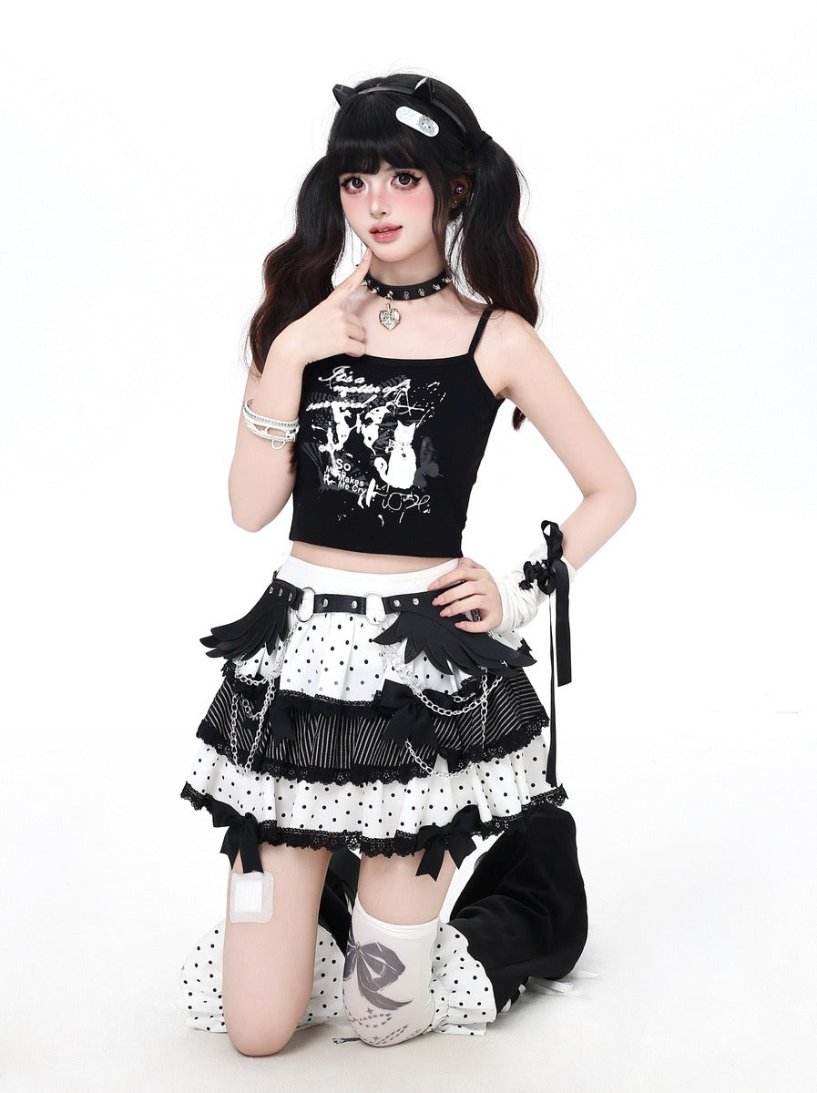 Crazy Girl April Polka Dot Black White Skirt Angel Wings Belt Two Piece Set