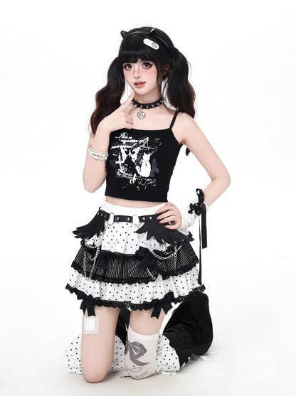 Crazy Girl April Polka Dot Black White Skirt Angel Wings Belt Two Piece Set