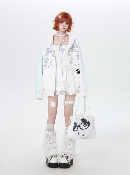 Person wearing a white outfit with a black and white bag on a white background