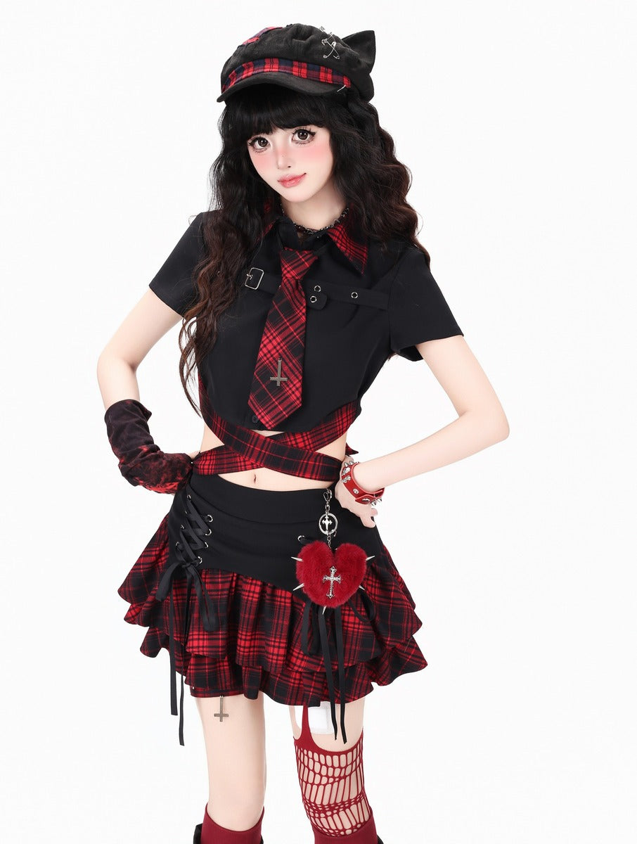 Crazy Girl Eternal Night Plaid Red Blue Black Shirt Tie Skirt Two Piece Set